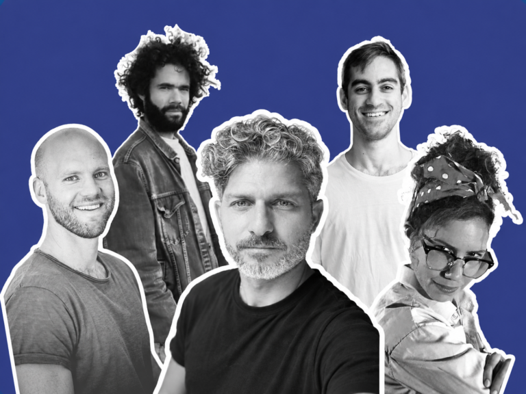 Black-and-white collage of five Arty-Shock creative team members on a blue background, representing our Berlin video production team.