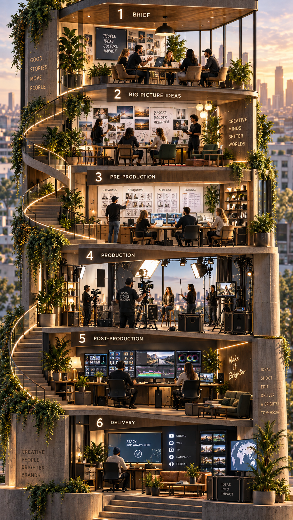 Six-stage video production workflow at Arty-Shock, from client briefing and creative concept development to pre-production, filming, post-production and final delivery.